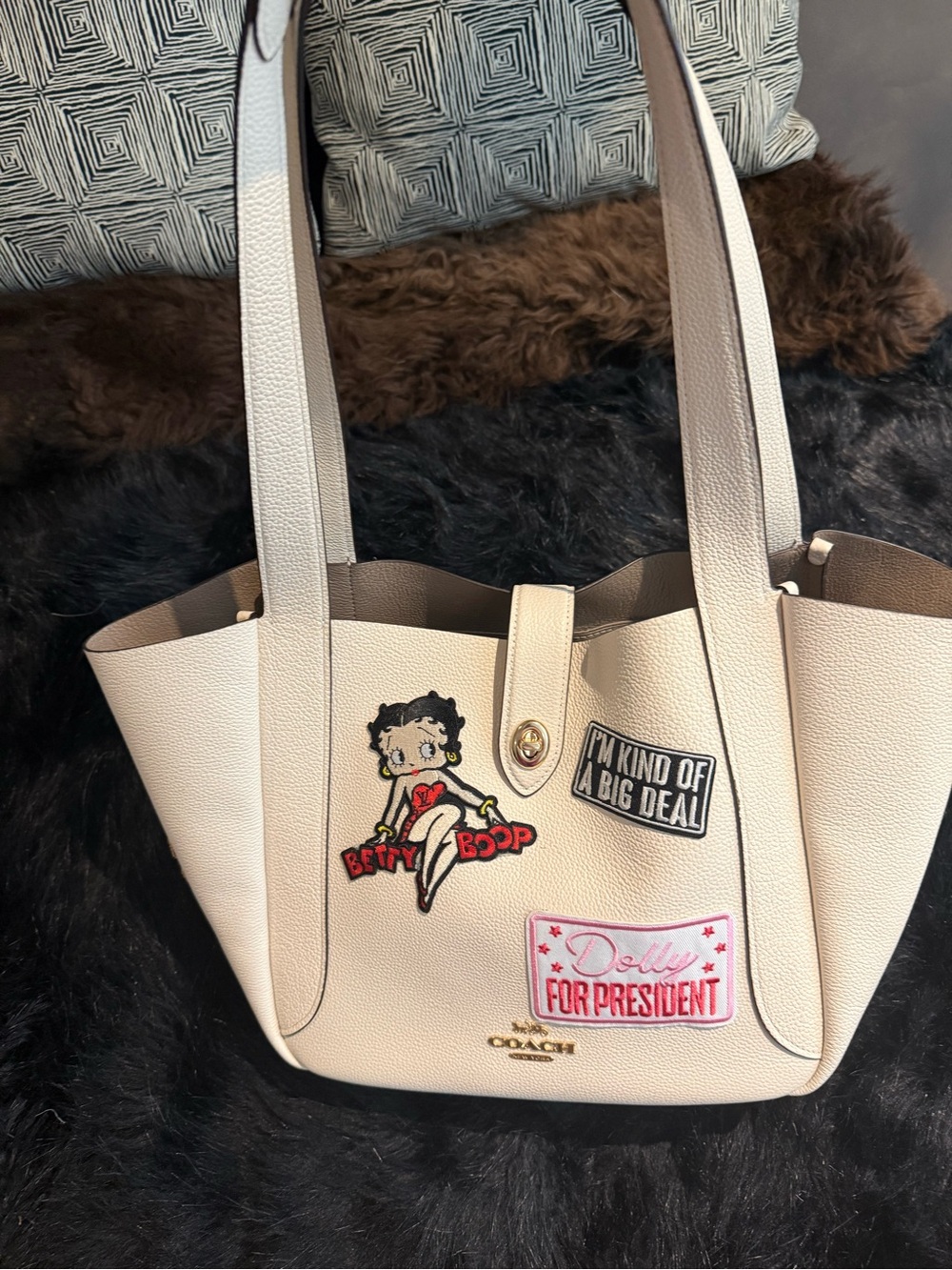 Coach Beige Leather Tote with Betty Boop Patches